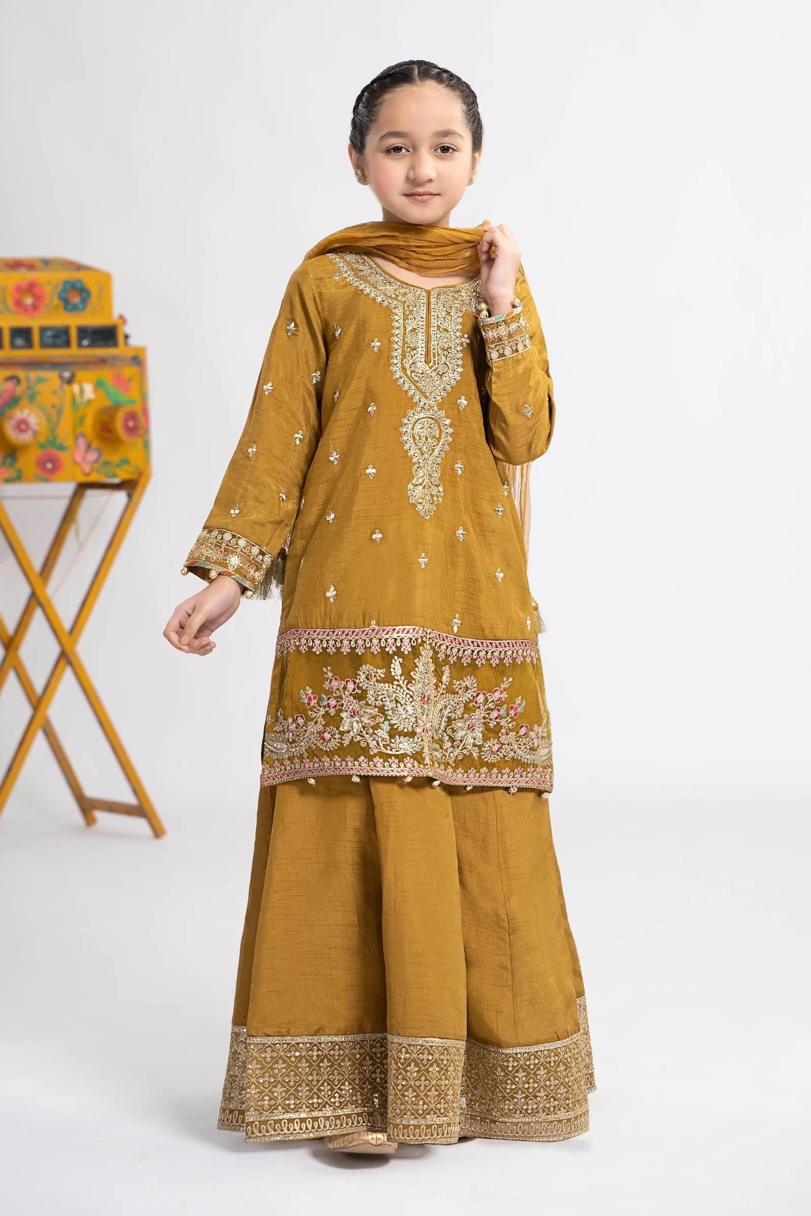 3 Piece Embroidered Raw Silk Suit | MKS-EF24-09