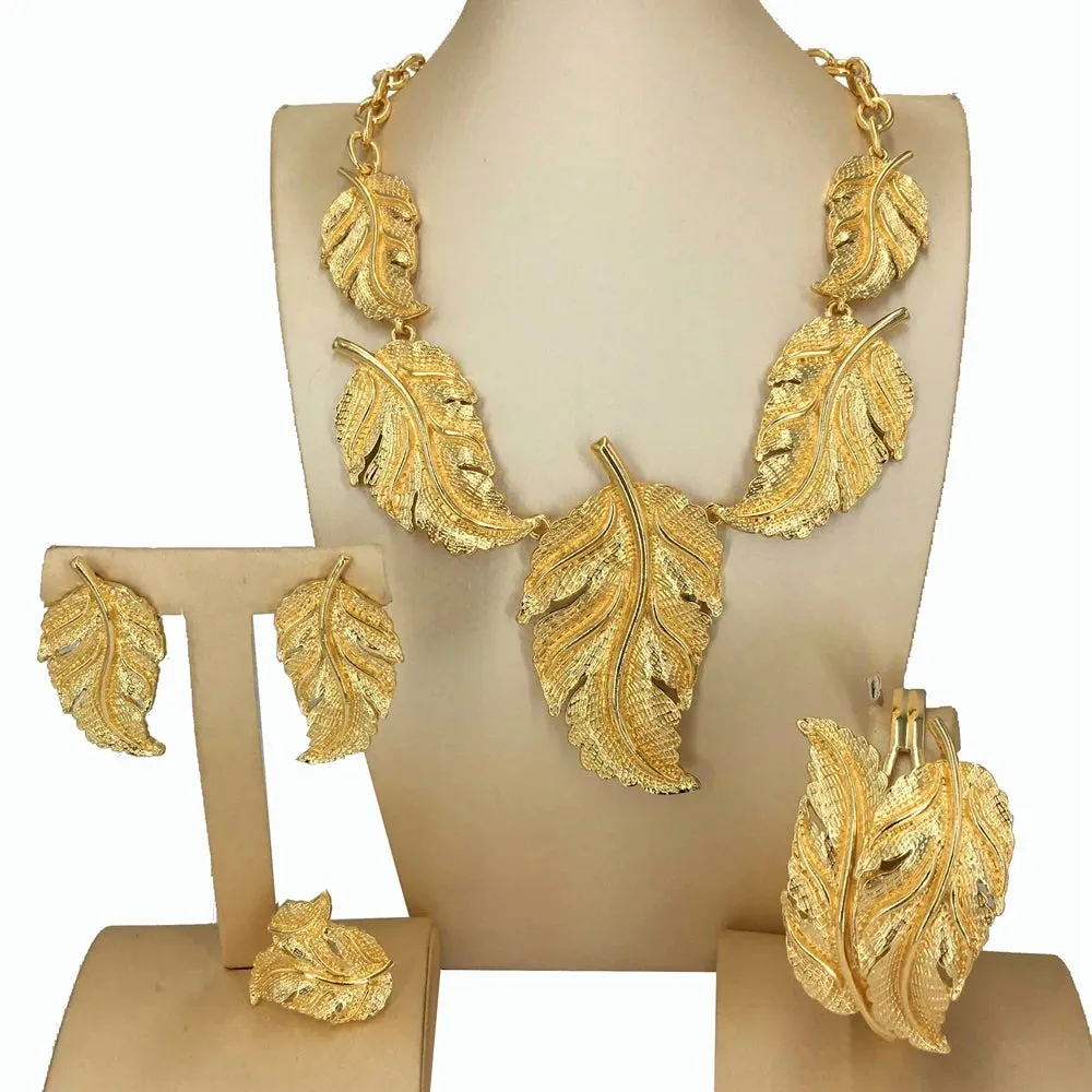 African Queen Big Leaf Gold Plated Jewelry Setsv