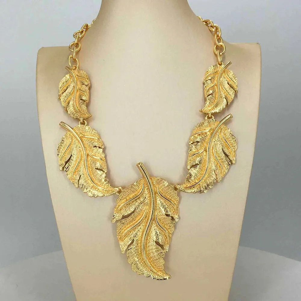 African Queen Big Leaf Gold Plated Jewelry Setsv