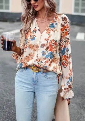 Apricot Floral Print V-Neck Long-Sleeved Loose Shirt Top