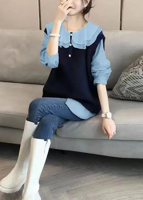 Autumn New Shirt Top And Knitted Vest Two Piece Fashion Loose ML1018