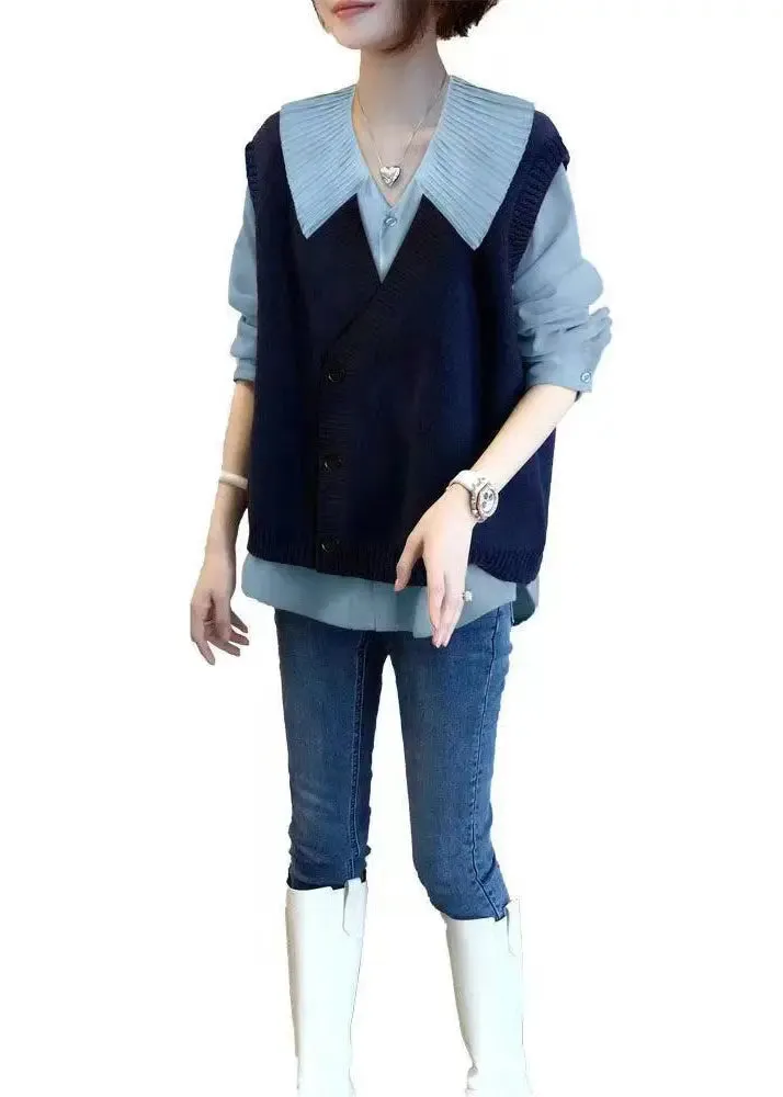 Autumn New Shirt Top And Knitted Vest Two Piece Fashion Loose ML1018