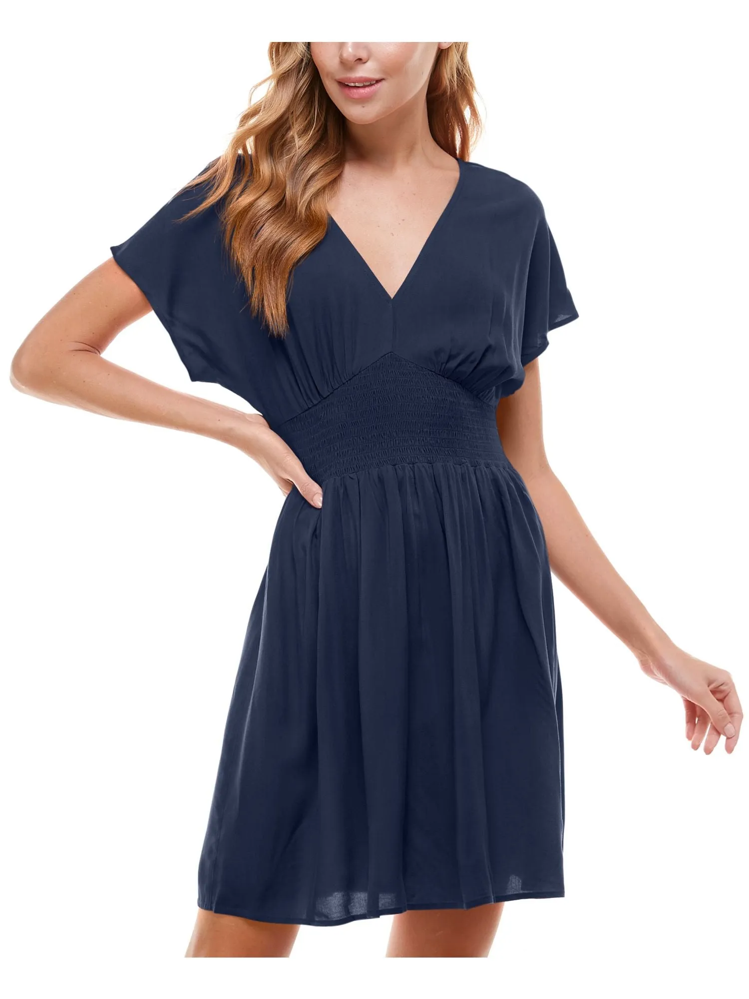 BEBOP Womens Navy Tie Smocked Waist   Unlined Dolman Sleeve V Neck Short Fit   Flare Dress