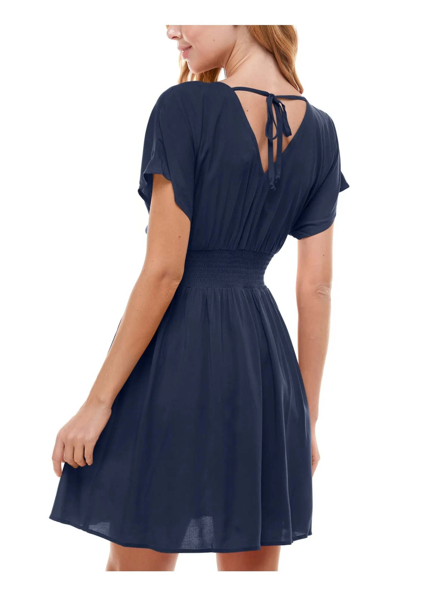 BEBOP Womens Navy Tie Smocked Waist   Unlined Dolman Sleeve V Neck Short Fit   Flare Dress