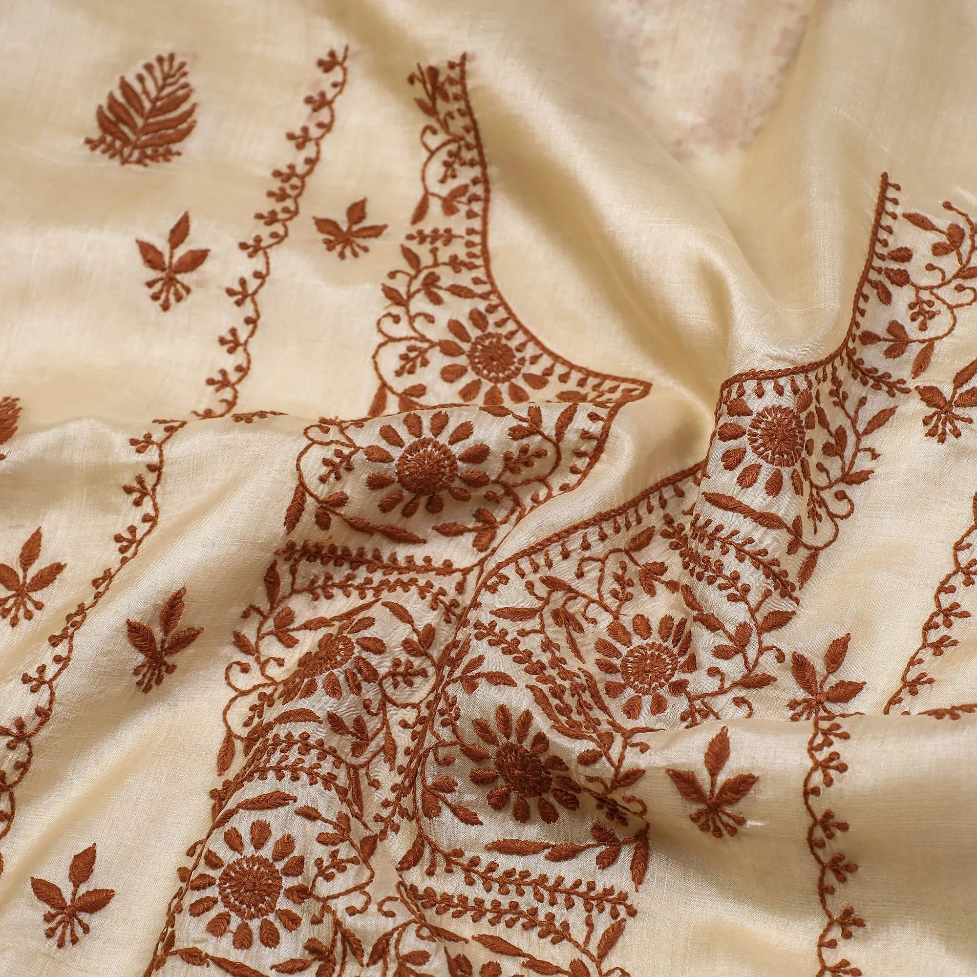 Beige - Lucknow Chikankari Hand Embroidery Tussar Silk Handloom Kurta Material - 2.8 Meter