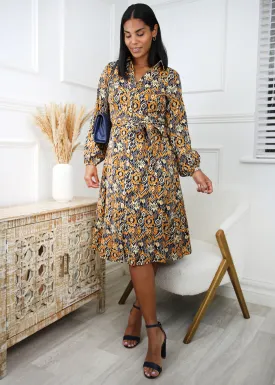 Benedicta Mustard Ikat Print Shirt Dress