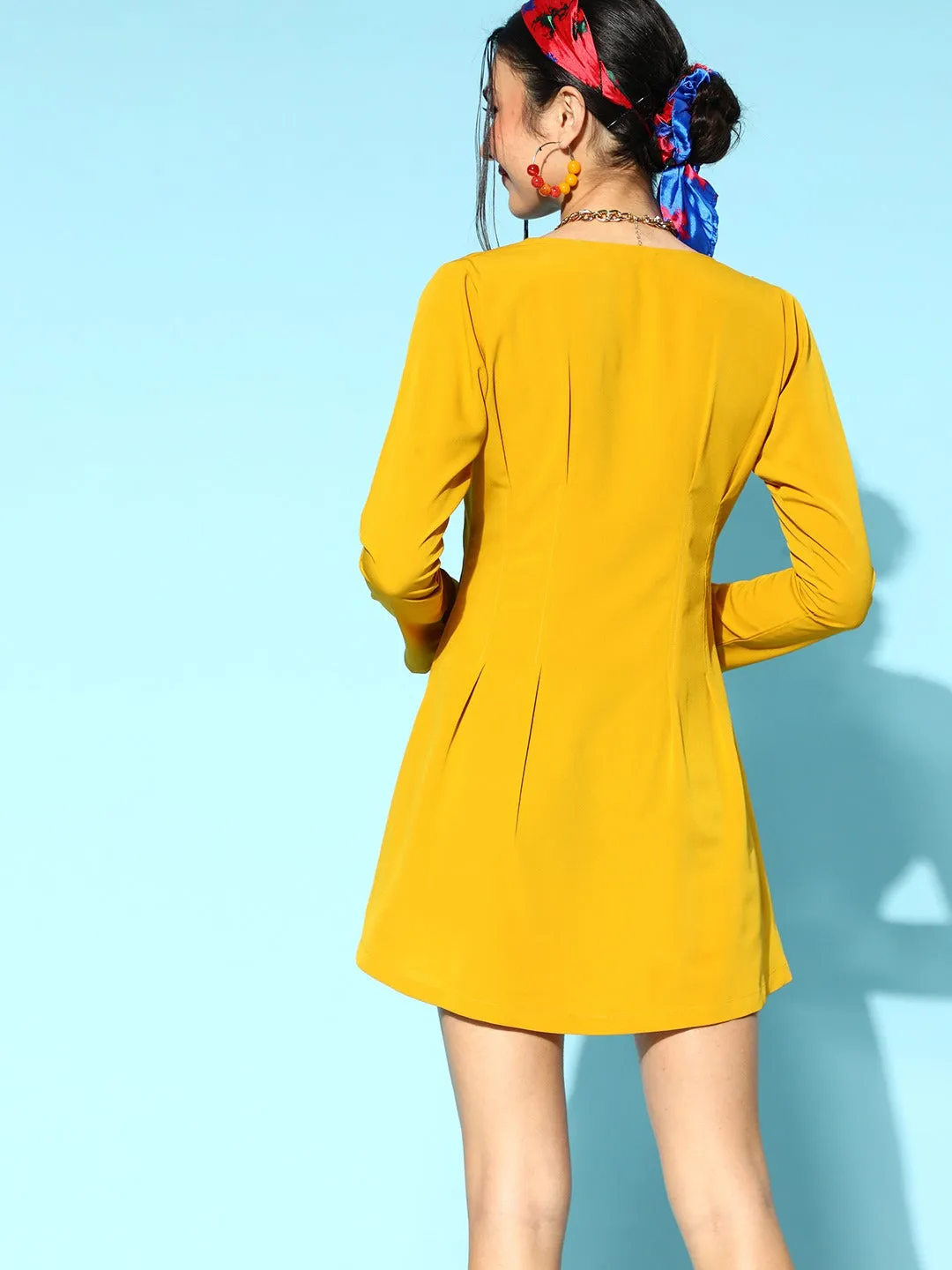 Berrylush Women Solid Mustard Yellow V-Neck Front Button Crepe Pleated Mini Shirt Dress