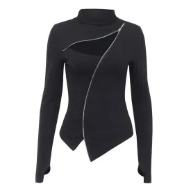 Black Hollow Out Turtleneck Zipper Bodycon Sweater