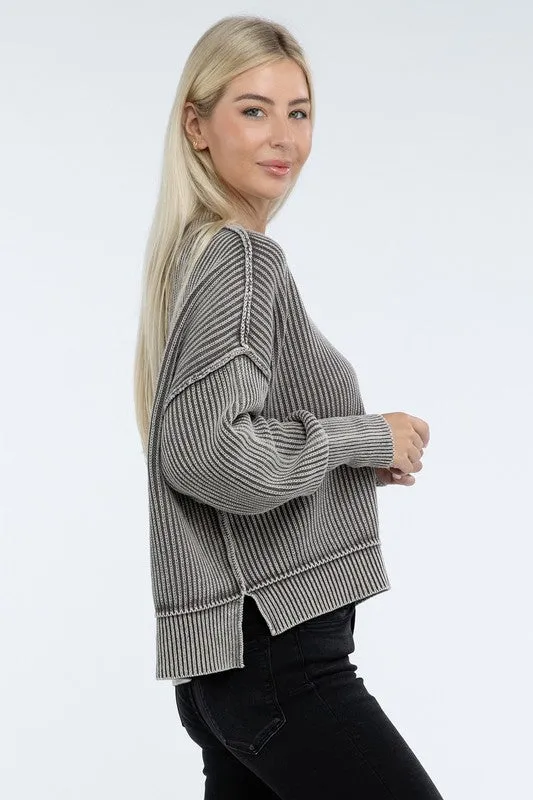 Bohemian Washed Side Slit Oversized Cropped Sweater