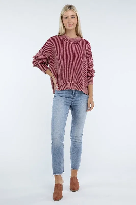 Bohemian Washed Side Slit Oversized Cropped Sweater