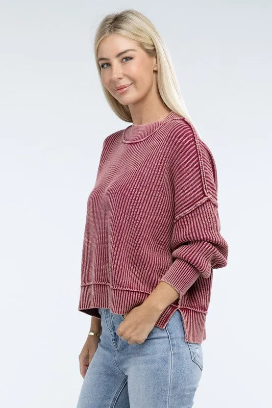 Bohemian Washed Side Slit Oversized Cropped Sweater