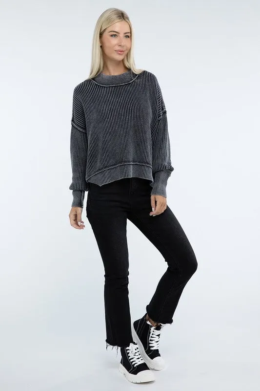 Bohemian Washed Side Slit Oversized Cropped Sweater