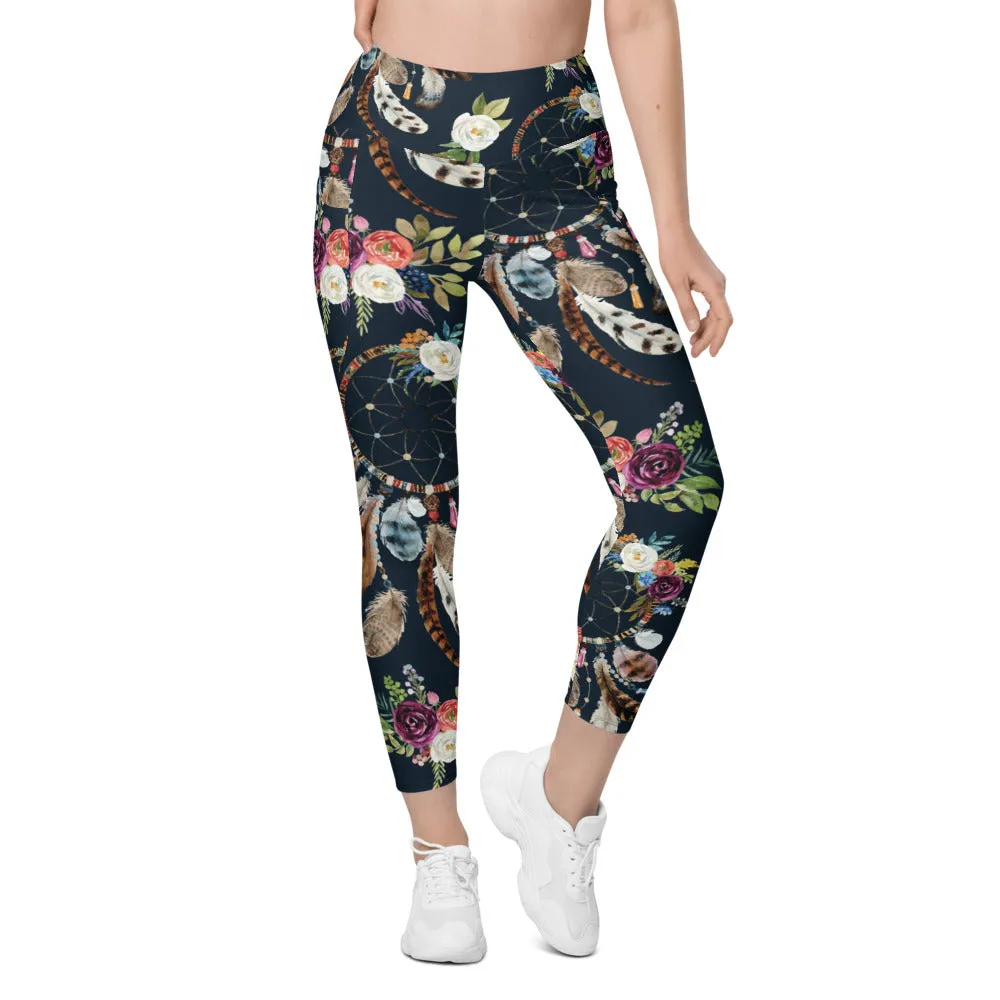 Boho Dreamcatcher and Flowers Leggings with Pockets