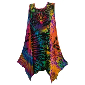 Boho Tie-Dye Patchwork Sharkbite Hem Spandex Cami Tank Tunic Mini Dress