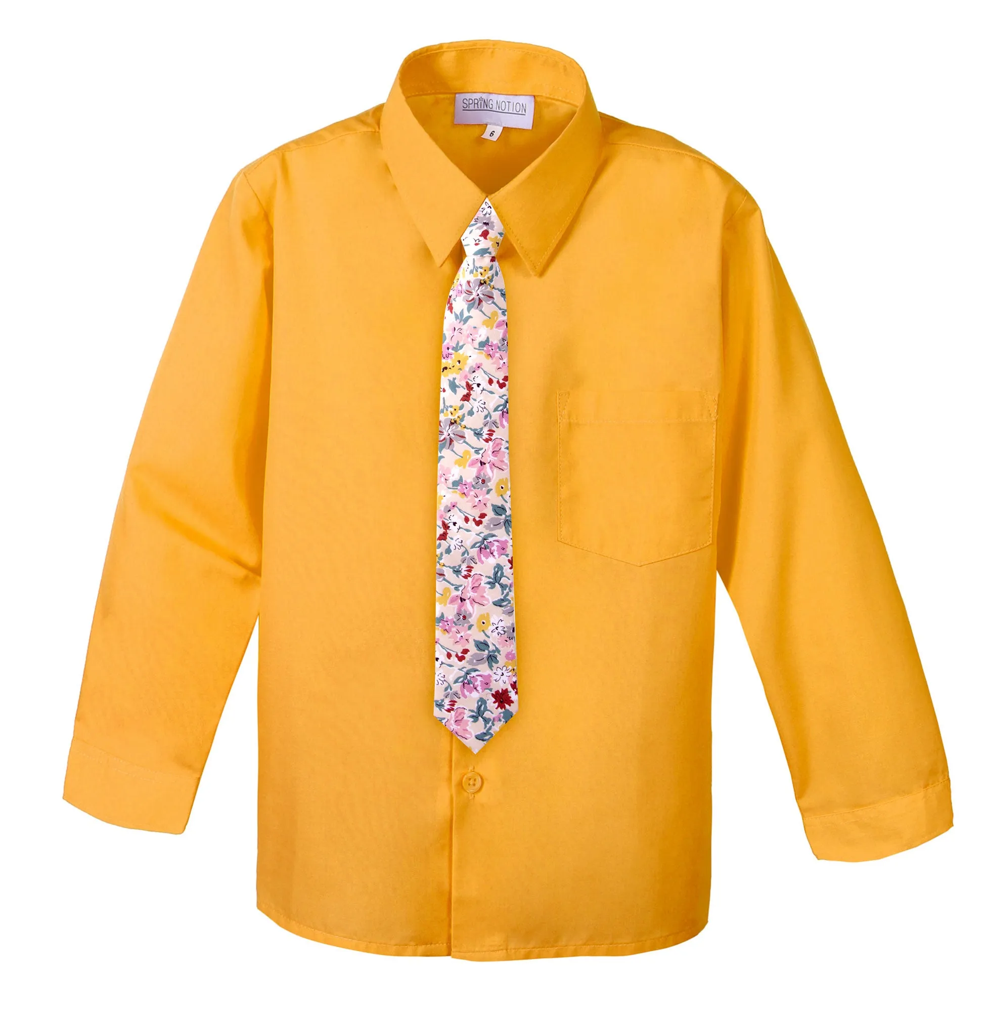 Boys' Mustard Cotton Blend Dress Shirt and Skinny Floral Necktie (Color F33)