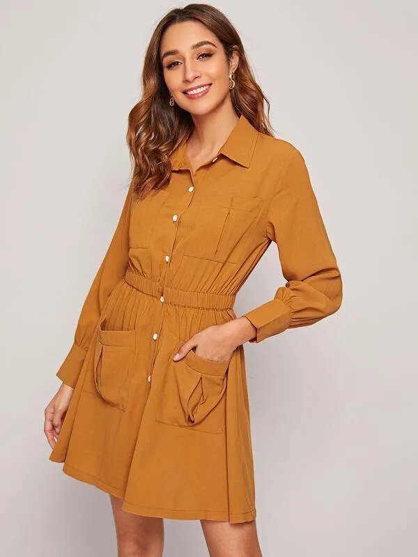 Button Front Elastic Waist Shirt Dress