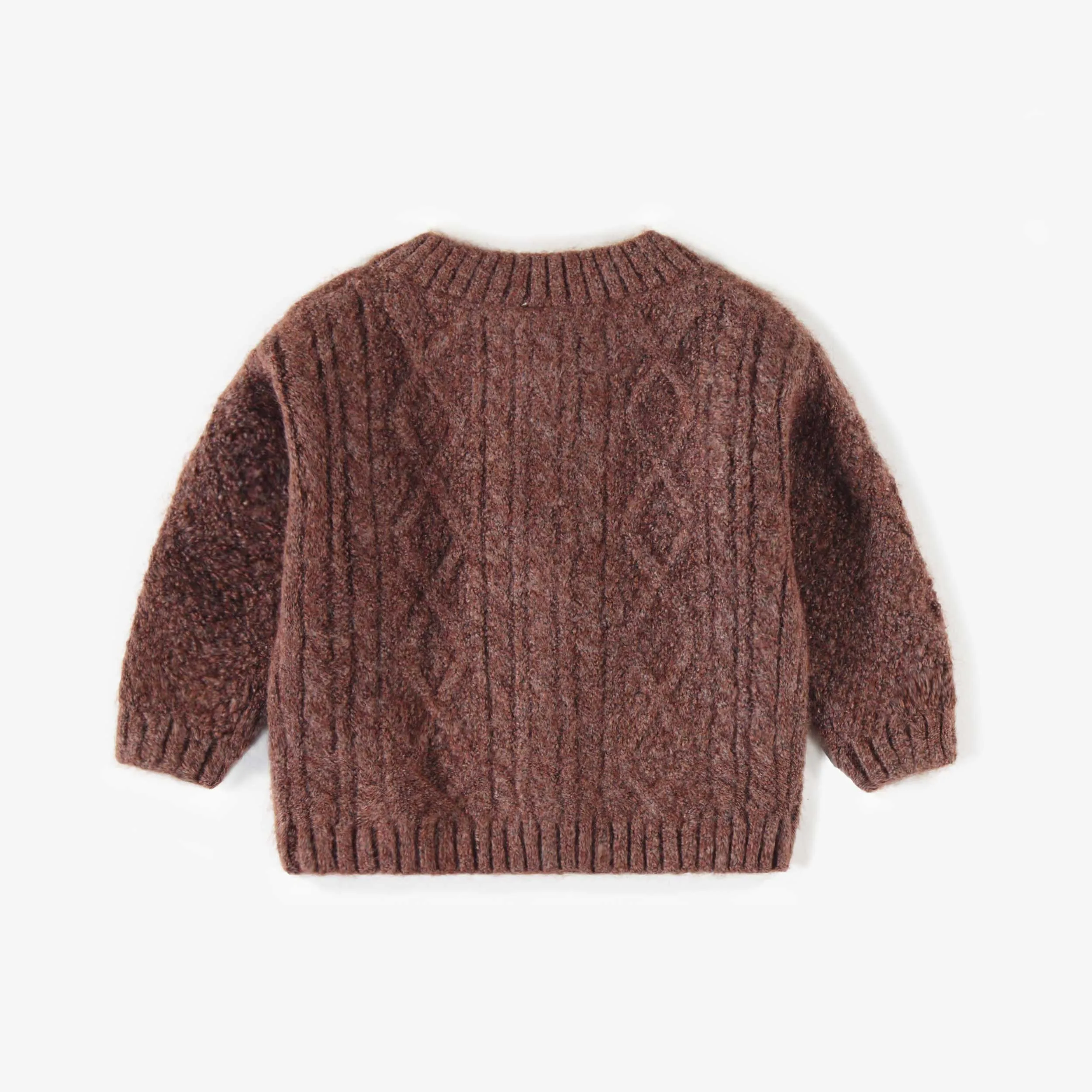 Cardigan de maille brun en polyester recyclé, naissance 
 || Brown knitted cardigan in recycled polyester, newborn