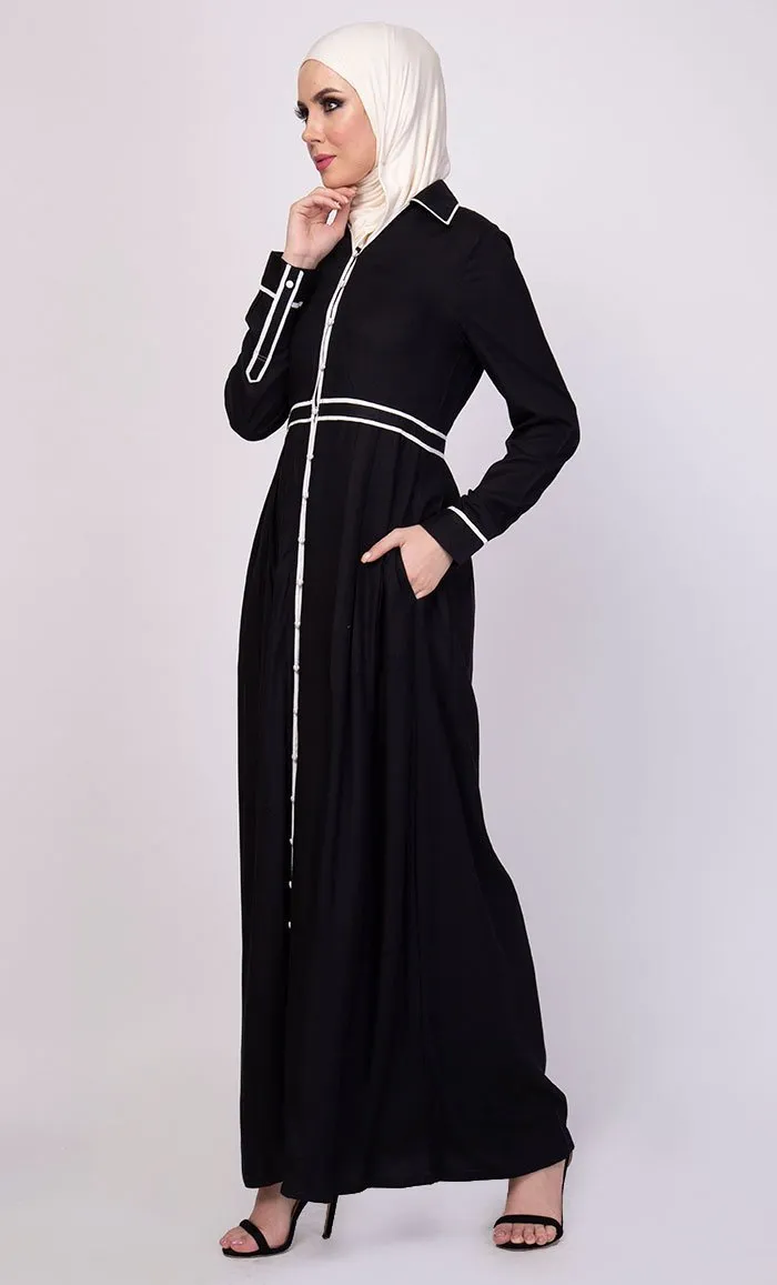 Contrast Trims Detail Shirt Style Long Abaya Dress