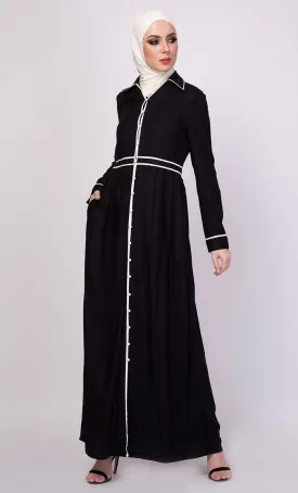 Contrast Trims Detail Shirt Style Long Abaya Dress