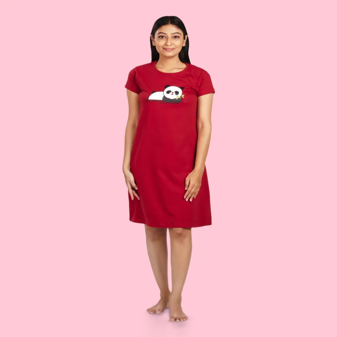 Cotton Knee Length Short Nighty - Maroon