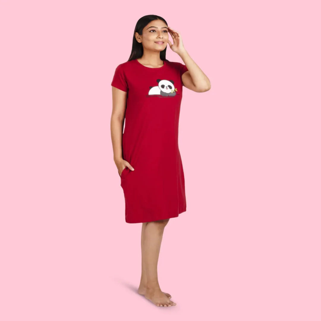 Cotton Knee Length Short Nighty - Maroon