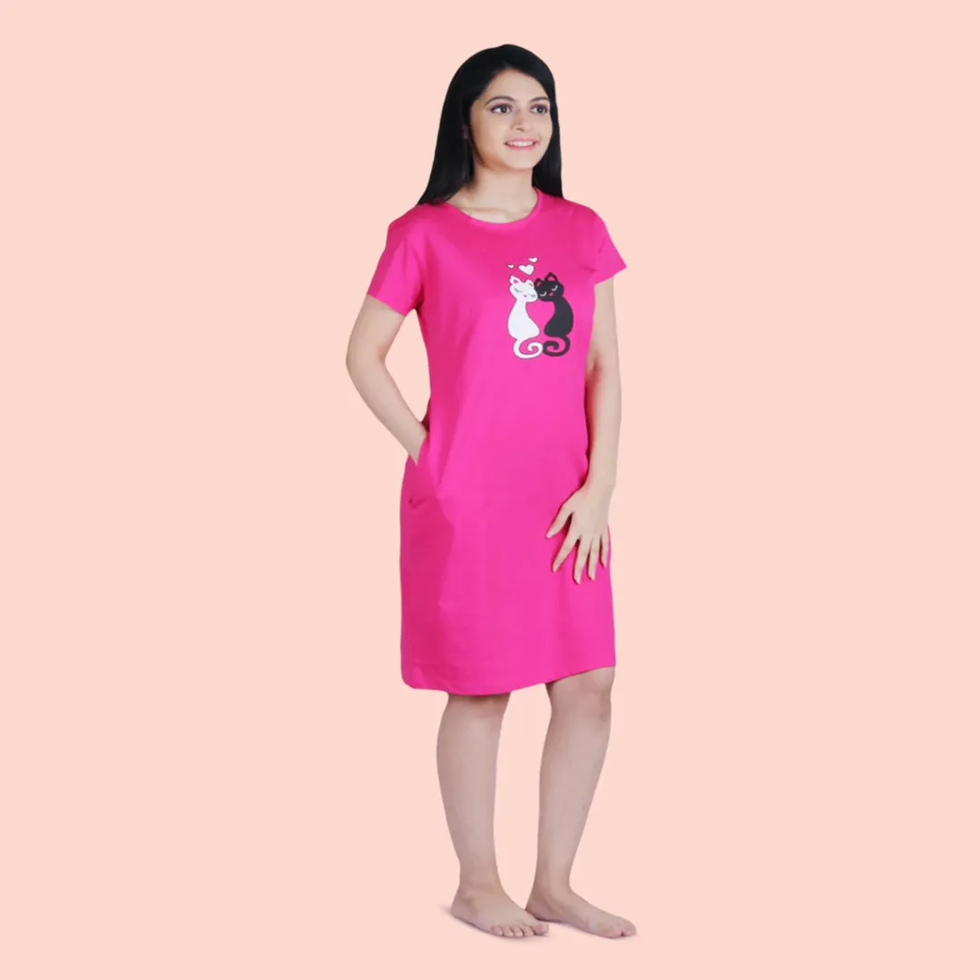 Cotton Knee Length Short Nighty - Pink