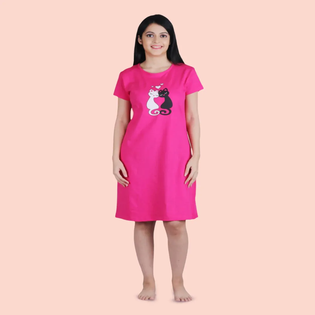 Cotton Knee Length Short Nighty - Pink