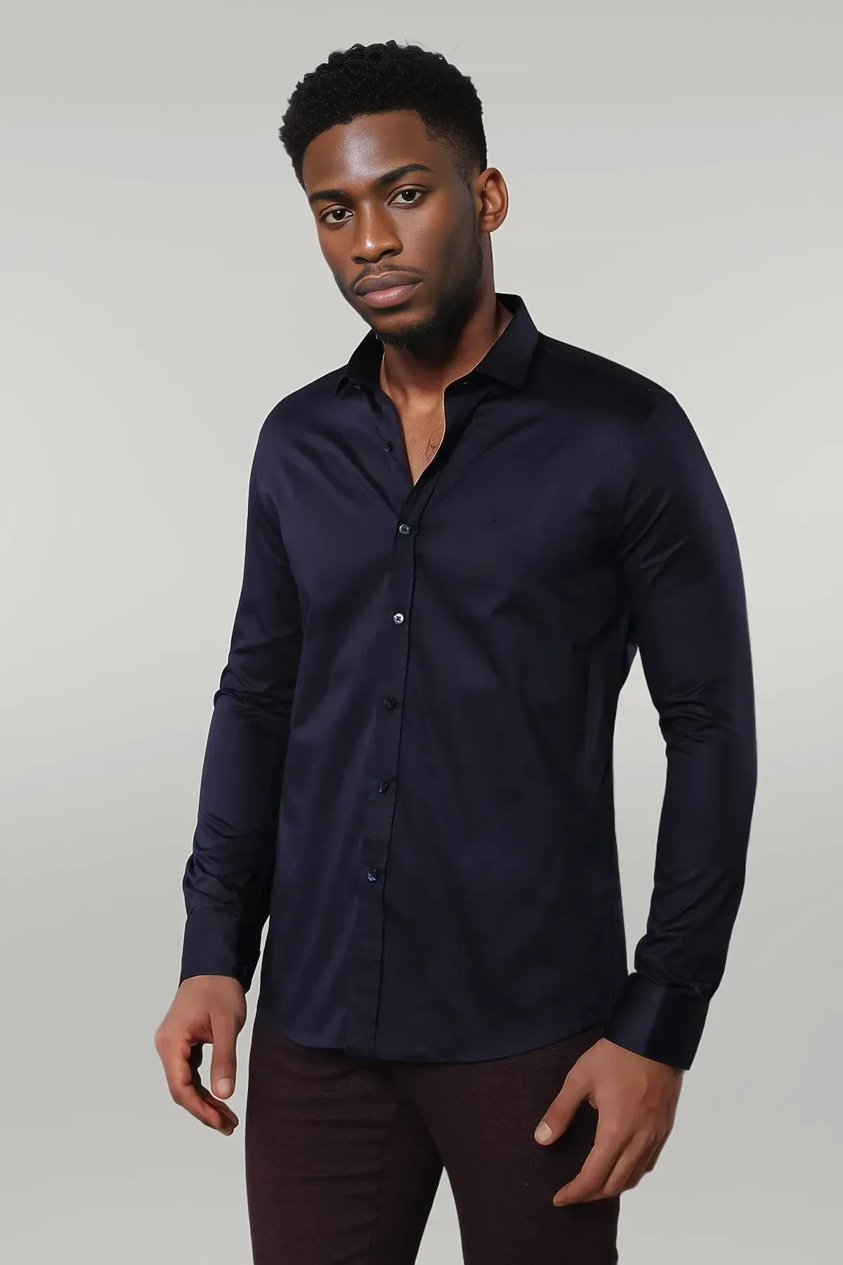 Cotton Satin Slim Fit Long Sleeves Plain Navy Blue Men Shirt - Wessi