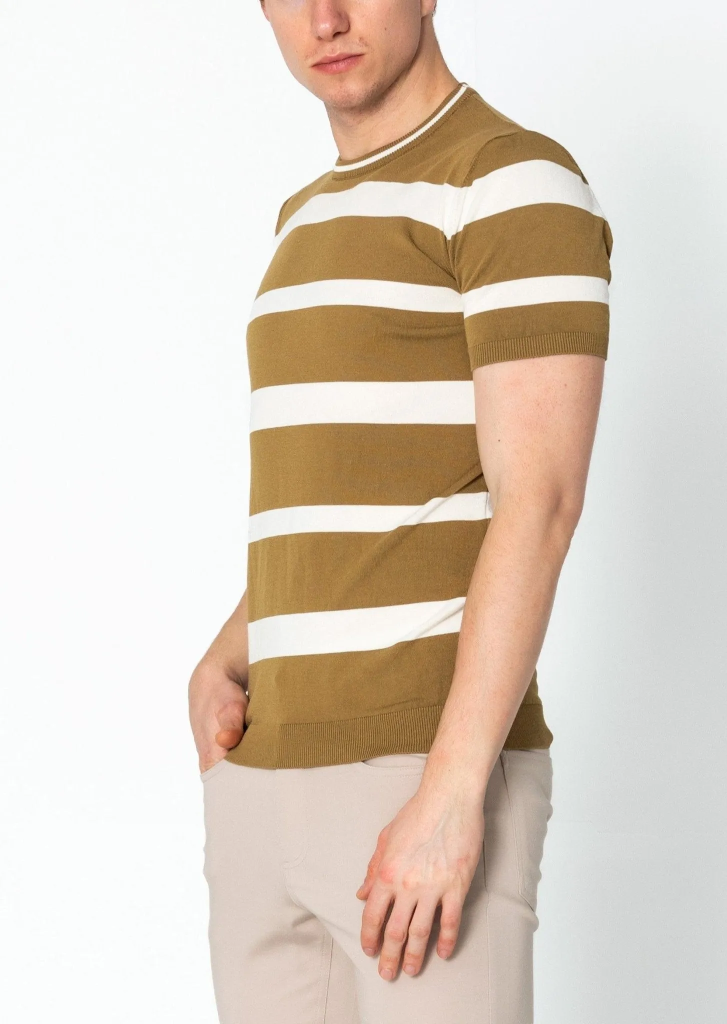 Crew-neck Knitted Striped Shirt - Mustard