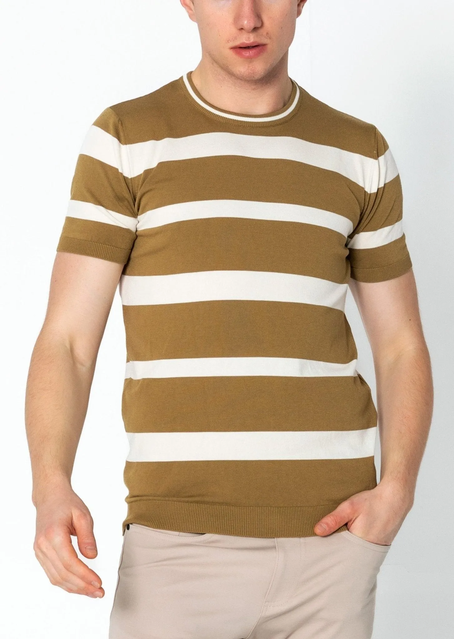 Crew-neck Knitted Striped Shirt - Mustard