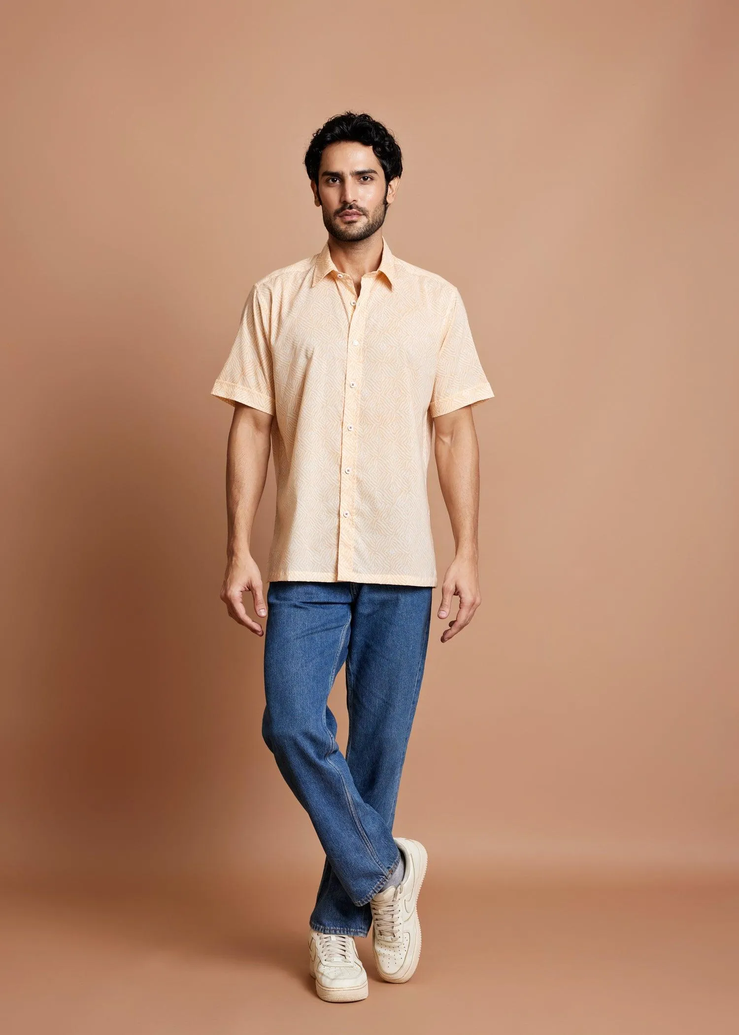 Crème & Orange Regular Cotton Half Sleeve Shirt