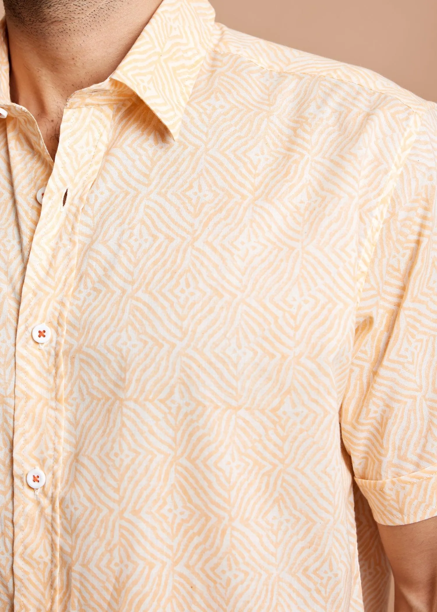 Crème & Orange Regular Cotton Half Sleeve Shirt