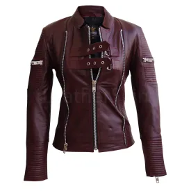 Distressed Maroon Red Sheep Skin Rib Quilted Genuine Leather Jacket