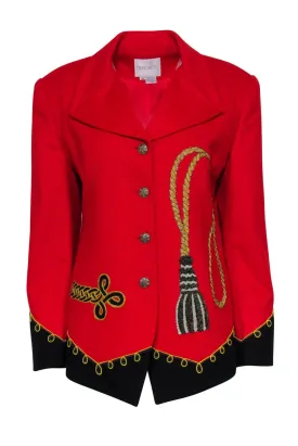 Doncaster - Red Wool Trimmed Blazer w/ Embroidery & Beaded Tassel Sz 12