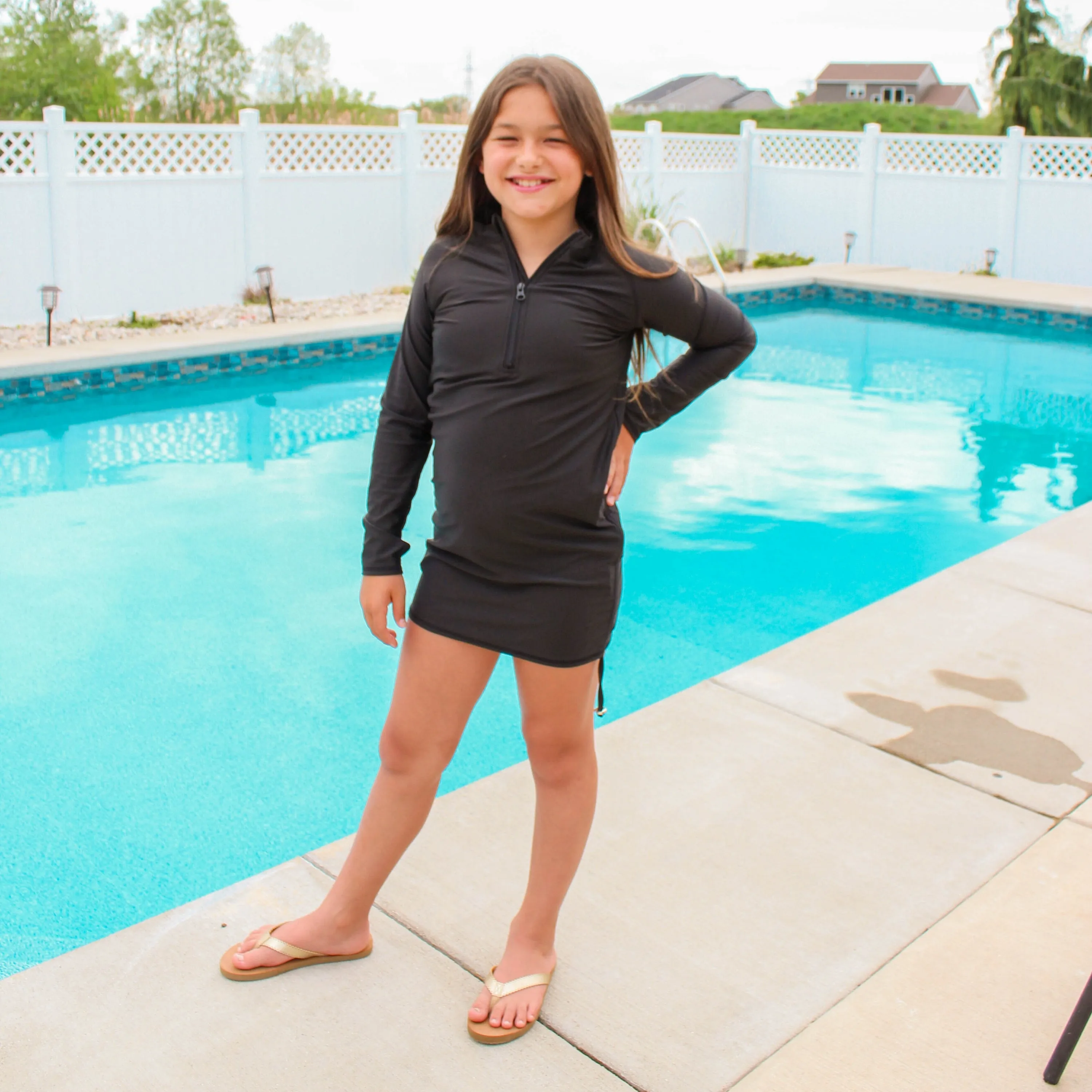 Girls Long Sleeve Swim Dress Cover Up | "Black"