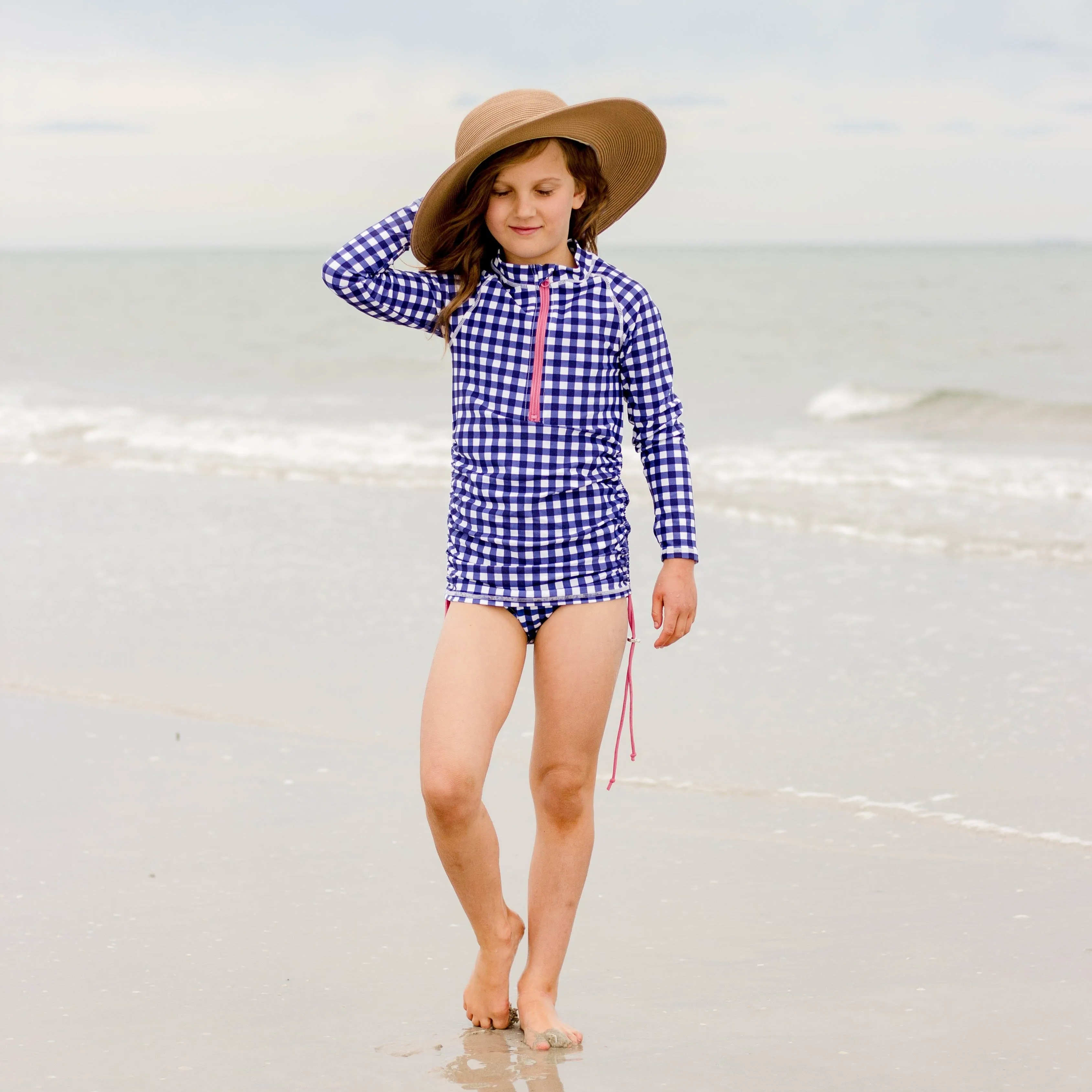 Girls Long Sleeve Swim Dress Cover Up | "Navy Gingham"