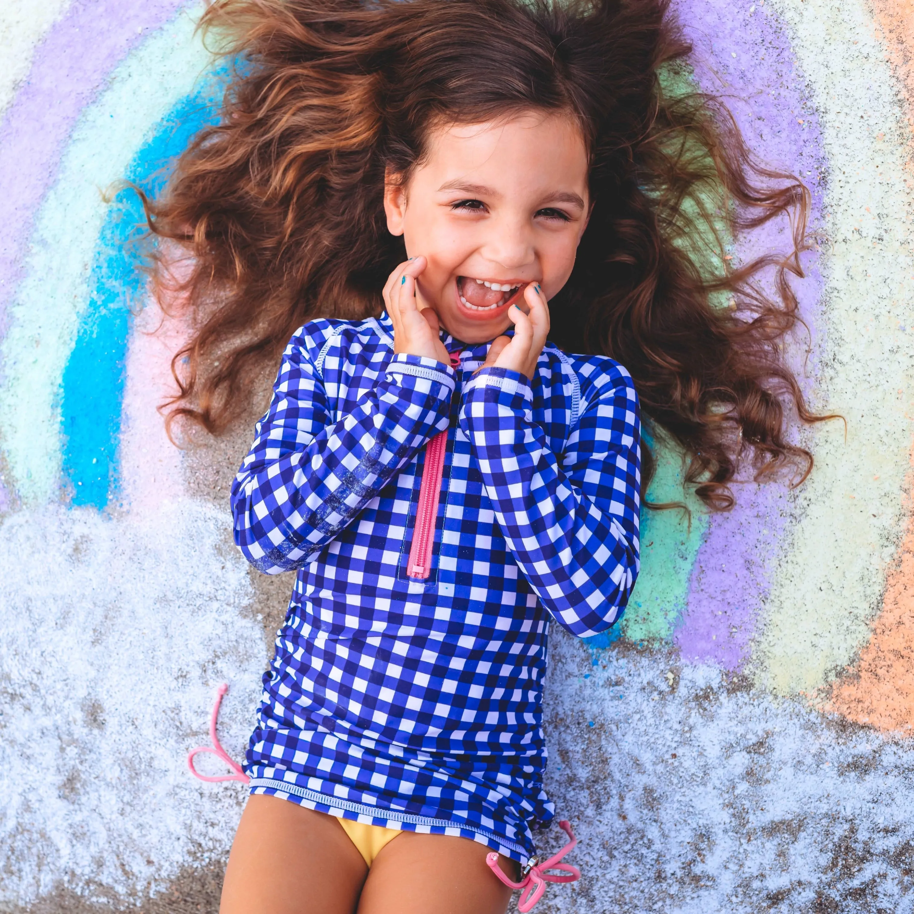 Girls Long Sleeve Swim Dress Cover Up | "Navy Gingham"