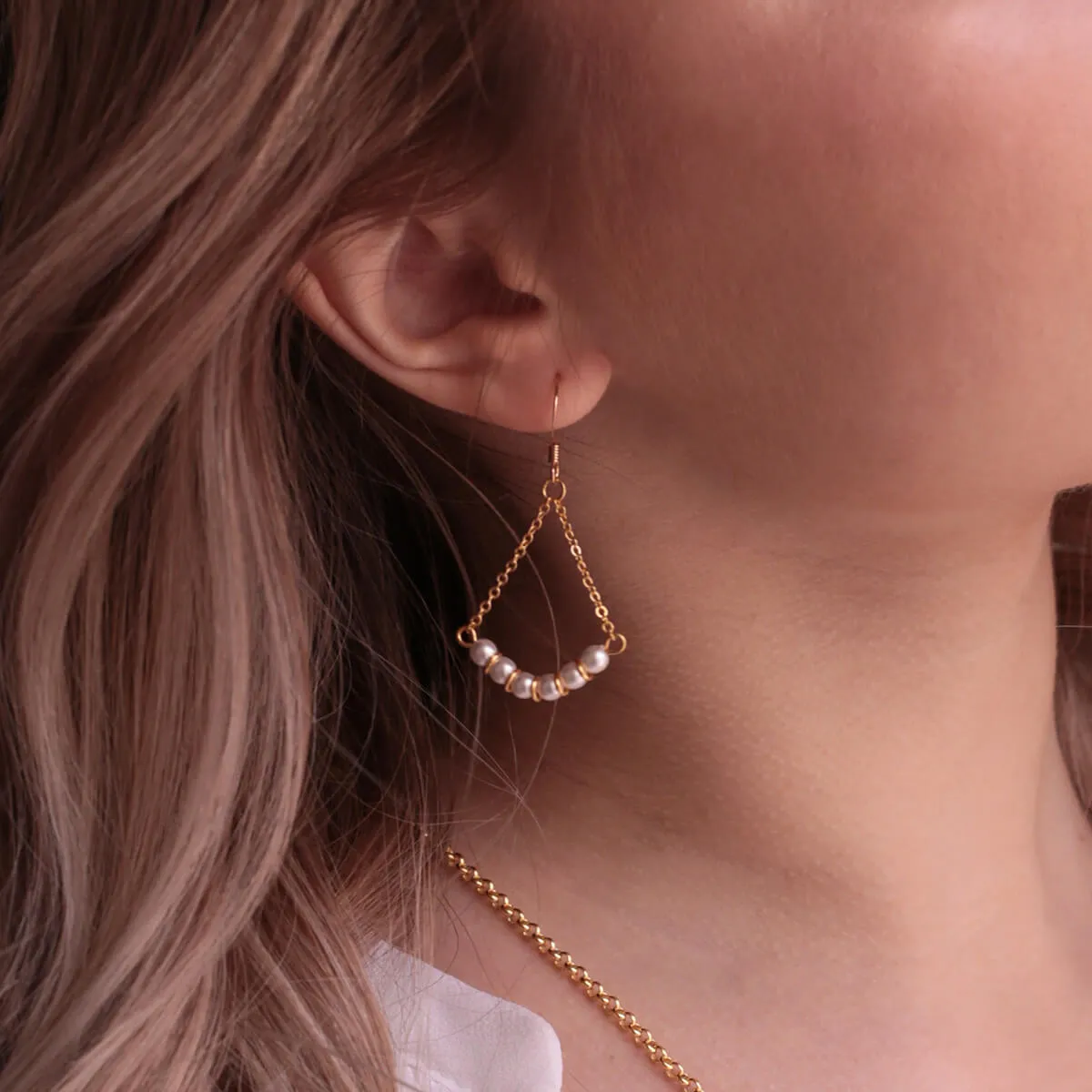 Gold Plated Chain And Pearl French Hook Earrings