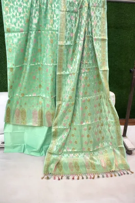 Green Tilfi Weave 3-Piece Pure Cotton Handloom Banarasi Suit Set