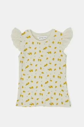 Infant Girls Ivory Lemon All Over Print Rib T-Shirt