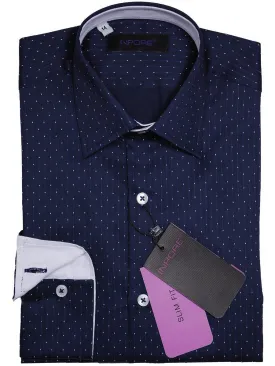 Inpore 16852 100% Cotton Boy's Dress Shirt - Dots - Navy/White, Long Sleeve