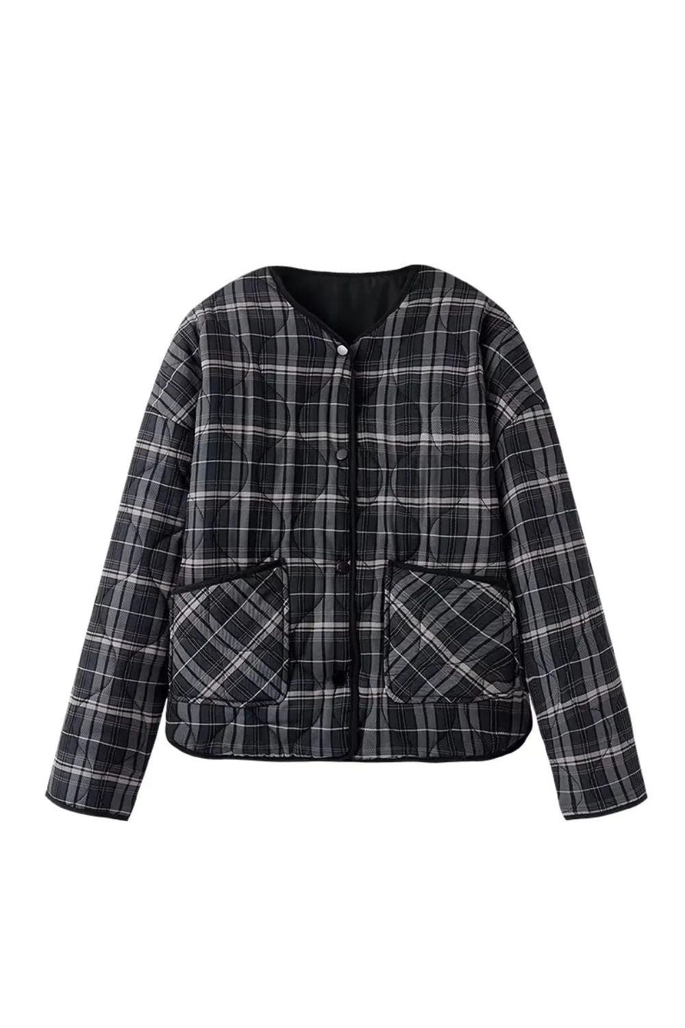 'Justine' Stylish Plaid Round-Neck Cotton Jacket