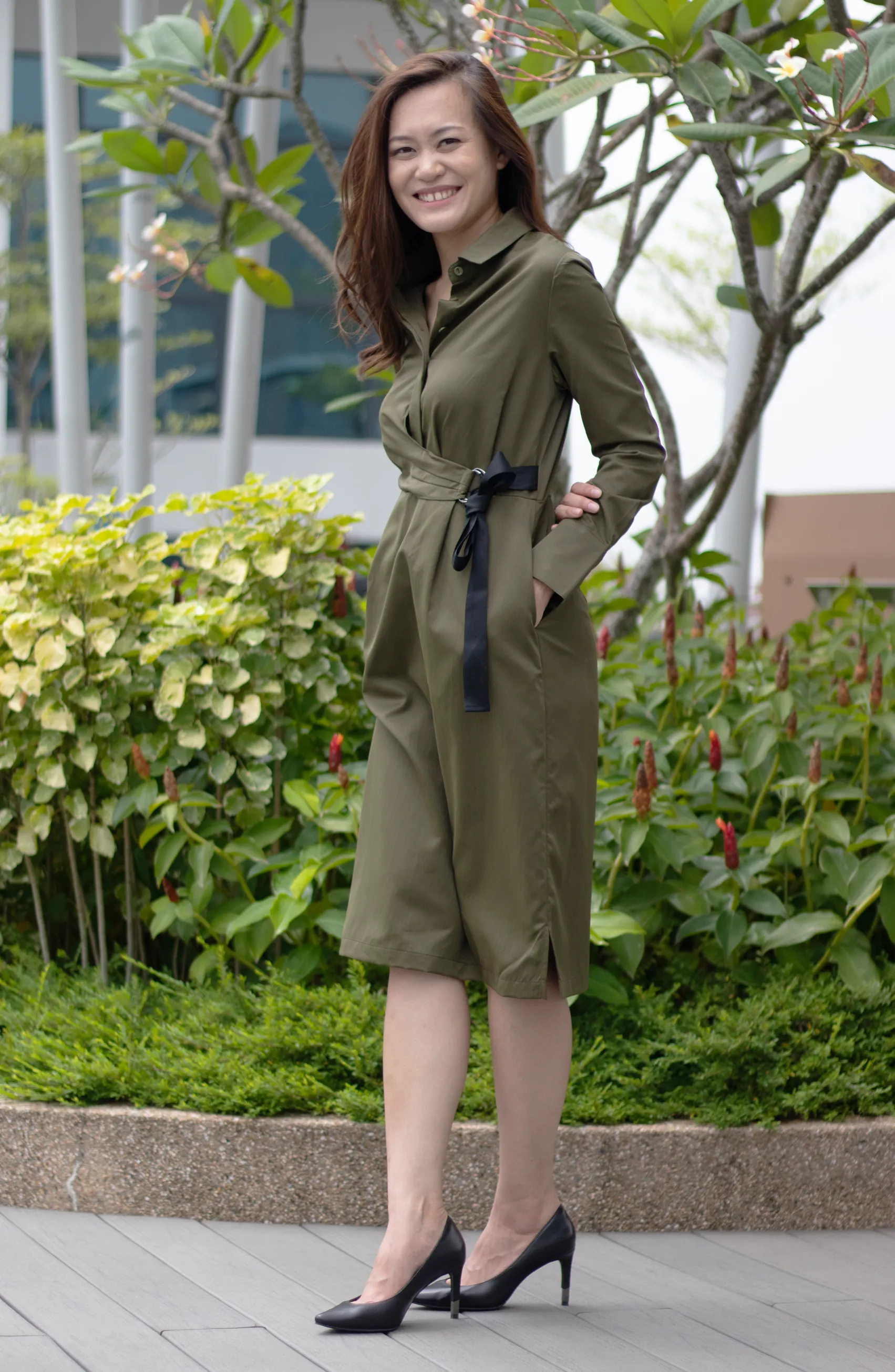 Juy Autumn/Fall Army Green Ring Belted Shirt Wax A-line Dress