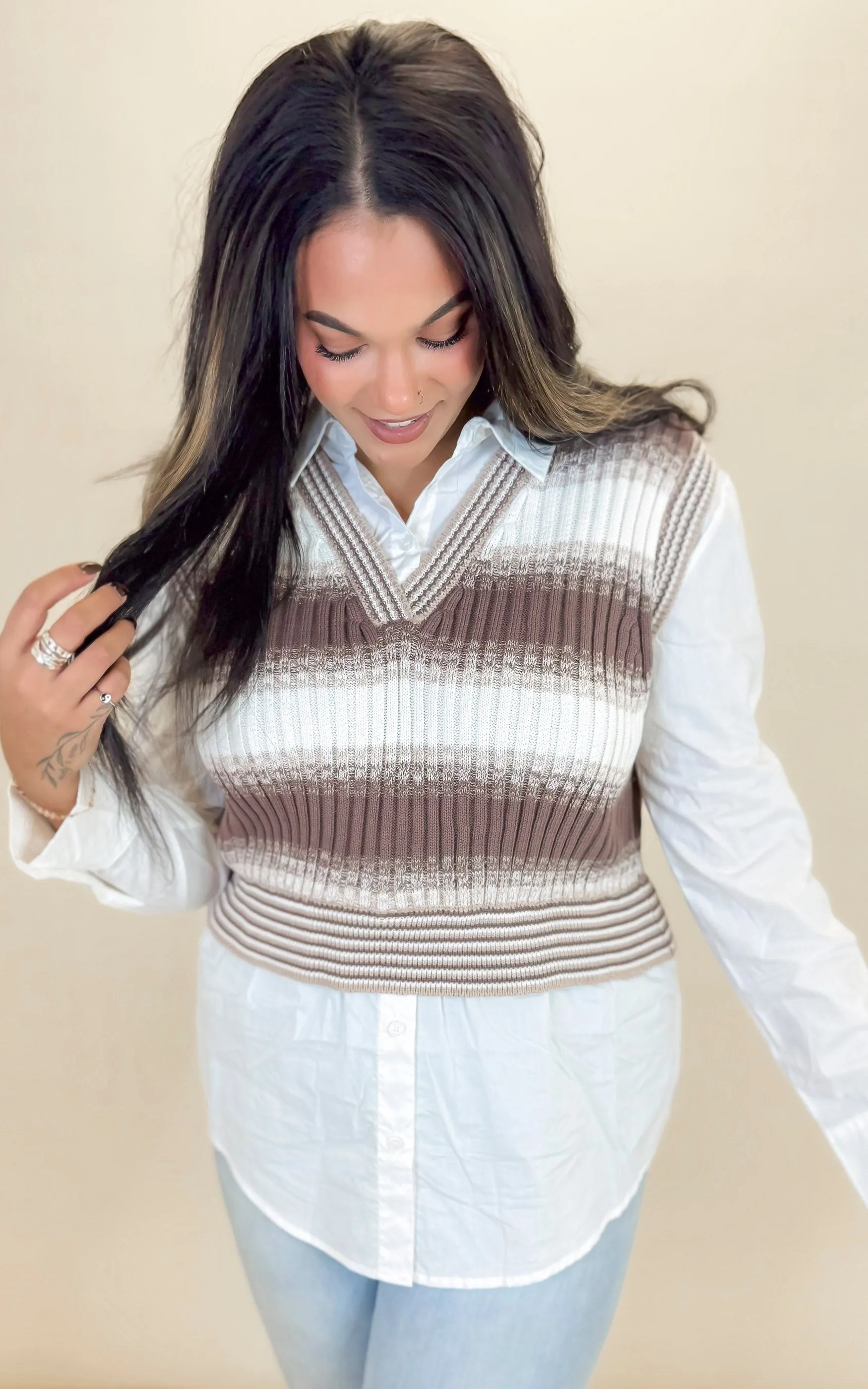 Knitted Vest Overlay Twofer Shirt