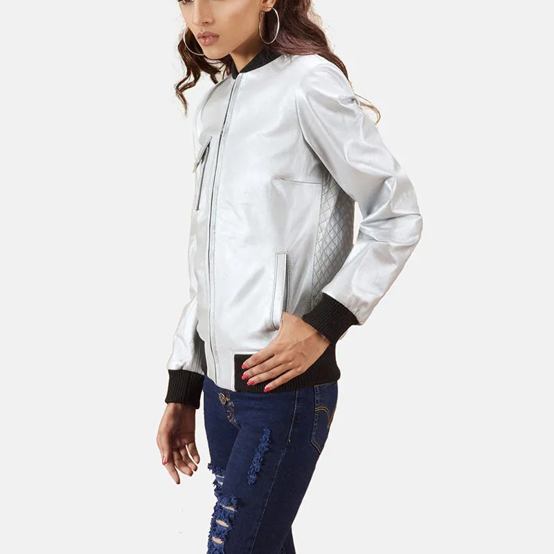 Lana Silver Leather Bomber Jacket