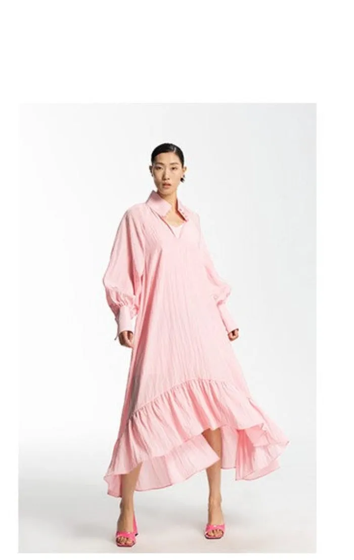 LEDIM W luxury highend ruffle soft pastel pink loose shirt midi dress - Imon