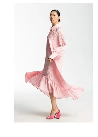 LEDIM W luxury highend ruffle soft pastel pink loose shirt midi dress - Imon