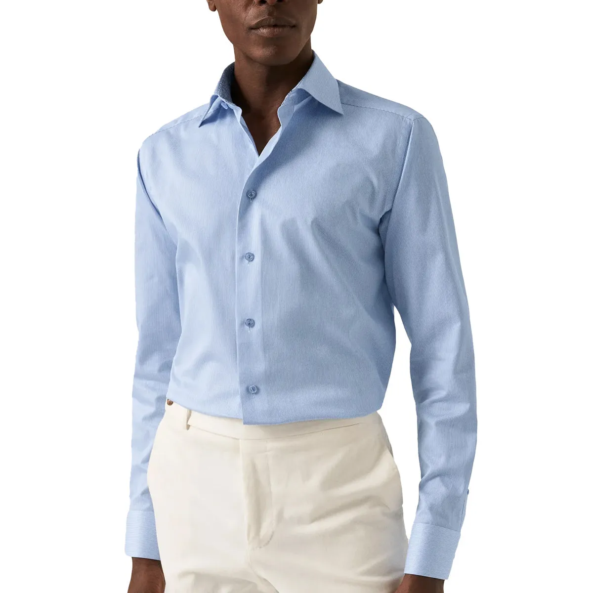 Light Blue Striped Contrast Trim Slim Fit Shirt