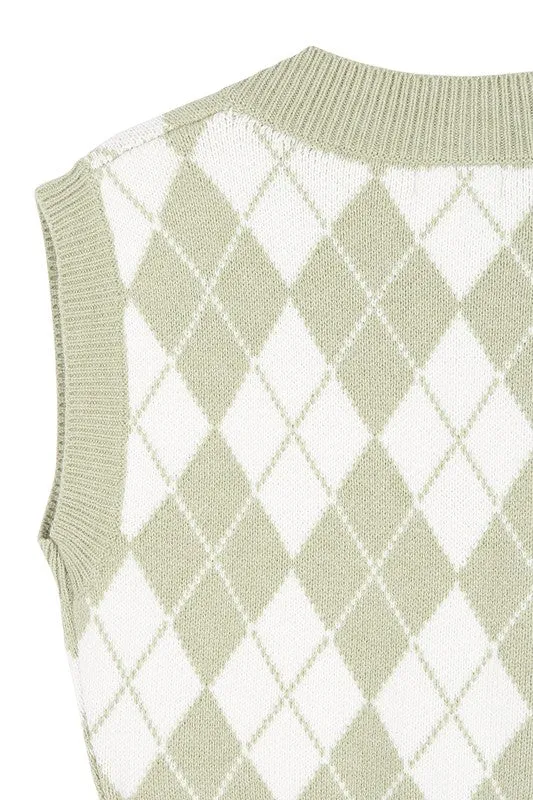 LILOU Knitted Argyle Sweater Vest