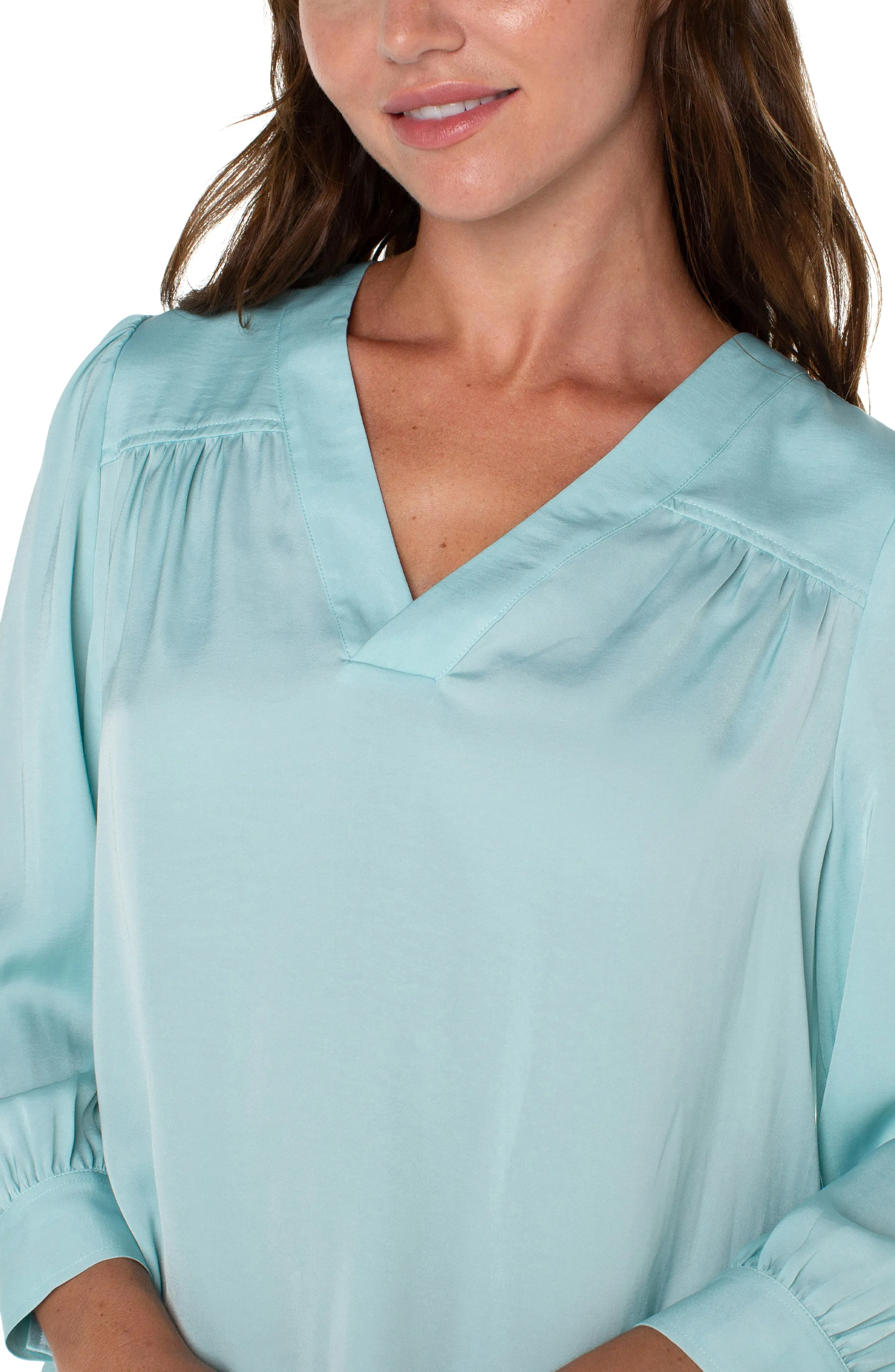 Liverpool V-Neck Popover Woven Blouse (Pastel Turquoise)